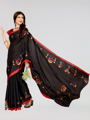 Nirvaan Printed Mysore Art Silk Saree(Black)