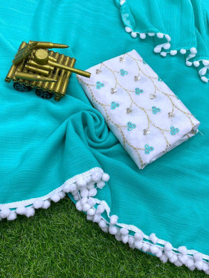 Avishafab Solid/Plain Bollywood Georgette Saree(Light Blue)