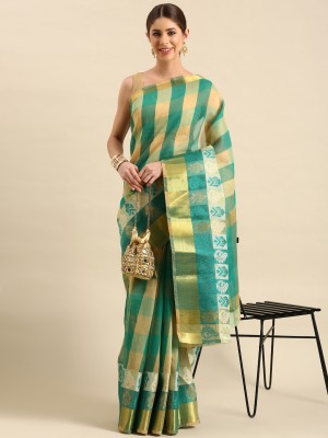 SHANVIKA Checkered Chanderi Chanderi Saree(Green)