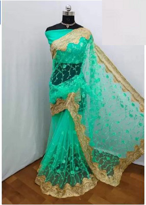 SkyFlock Embroidered, Embellished Bollywood Net Saree(Green)