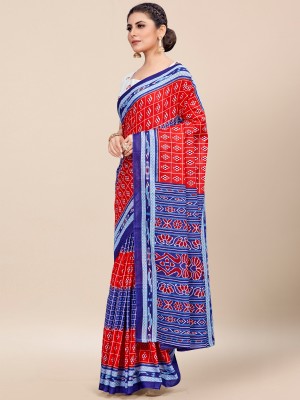 Divastri Printed Ikkat Cotton Blend Saree(Red, Blue)