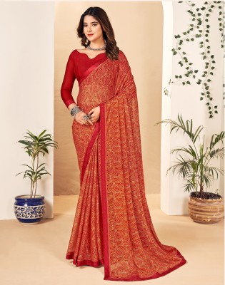 Satrani Printed, Geometric Print, Embellished Bollywood Chiffon, Georgette Saree(Red, Green)