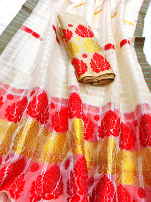 Mekhla Chador Temple Border Mekhela Chador Chiffon Saree(Cream)