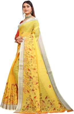 M MAANVIT Woven, Printed Kanjivaram Pure Cotton, Cotton Linen Saree(Yellow)