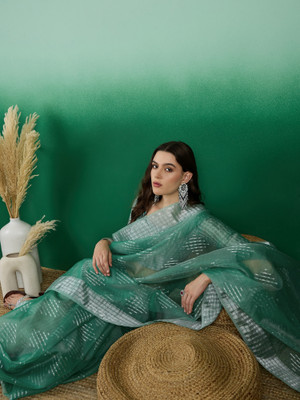 Suha Woven Banarasi Organza Saree(Green)