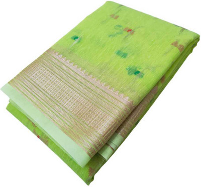 The FabLab Woven Handloom Cotton Linen Saree(Green)