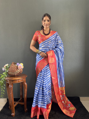 Pandadi Saree Striped Leheria Cotton Silk Saree(Blue)