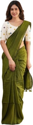 Maku Solid/Plain Handloom Pure Cotton Saree(Green)