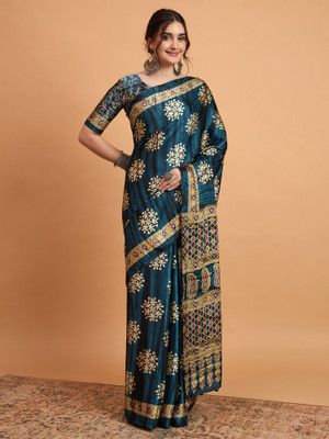 Tasrika Printed Hand Batik Crepe Saree(Blue)