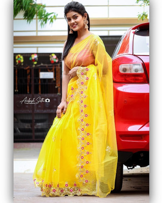 ShivGori Embroidered Bollywood Net Saree(Yellow)