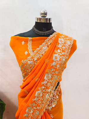 Mikhushop Embroidered Bollywood Georgette Saree(Gold)
