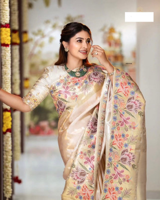 Verviza Solid/Plain, Floral Print, Woven, Self Design Bollywood Silk Blend Saree(Cream)