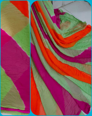 Lambu Fashion Color Block, Hand Painted, Solid/Plain Leheria Chiffon Saree(Multicolor)