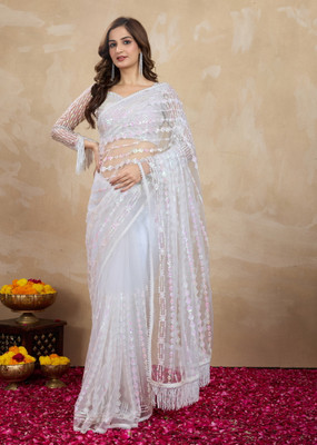 Trendmalls Embellished Bollywood Net Saree(White)