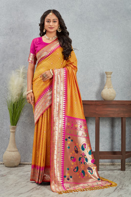 Heirlooms Woven, Self Design, Paisley Paithani Pure Silk Saree(Yellow, Magenta)