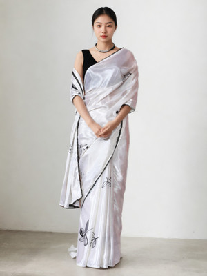 HouseOfCommon Solid/Plain Bollywood Silk Blend Saree(White)
