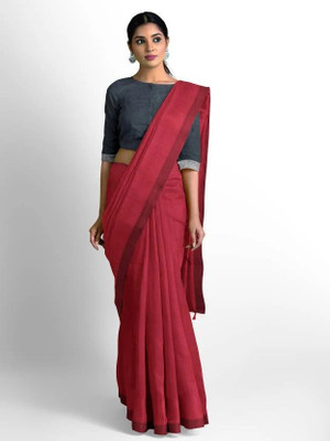 JHIILU Solid/Plain Handloom Cotton Blend Saree(Red)
