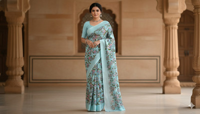 Kanak Floral Print, Printed Daily Wear Crepe Saree(Light Blue)