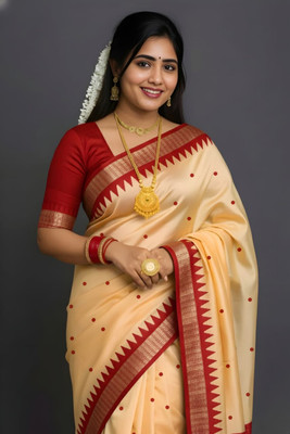 Sijileen Woven, Temple Border Sambalpuri Silk Blend Saree(Cream, Red)