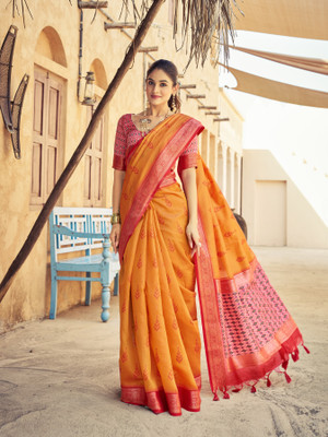 Divastri Floral Print Handloom Raw Silk Saree(Orange)