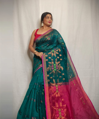 PRANATI ENTERPRISE Woven, Self Design, Floral Print Handloom Pure Cotton, Cotton Silk Saree(Dark Blue)