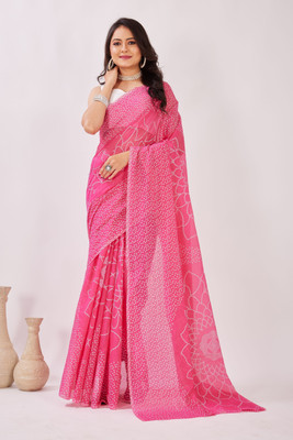 PIYA DESIGNER Floral Print, Hand Painted Bandhani Chanderi, Cotton Blend Saree(Pink)