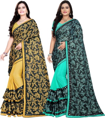 DECOFIN Embellished, Floral Print Bollywood Lycra Blend Saree(Pack of 2, Mustard, Light Blue)