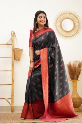 JIADIA Woven Kanjivaram Pure Silk, Art Silk Saree(Black, Red)