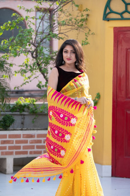 MARTIN Woven Jamdani Cotton Blend Saree(Yellow)