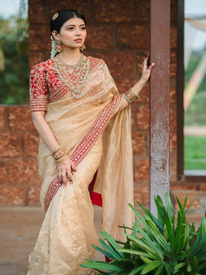 shree maruti fashion Embroidered Bollywood Jimmy choo Saree(Cream)