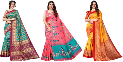 ANIRAV Printed Bollywood Art Silk Saree(Pack of 3, Blue, Pink, Yellow)