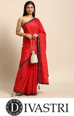 Divastri Embellished, Self Design Bollywood Silk Blend Saree(Red)