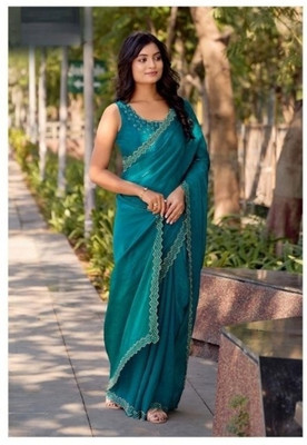 HARIOM CREATION Solid/Plain, Self Design, Geometric Print, Paisley Saree with Attached Blouse Satin Saree(Blue)
