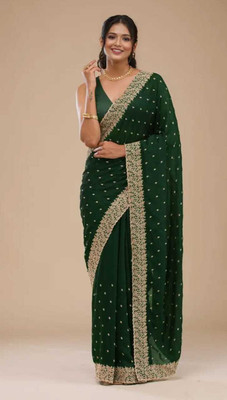 ShreeVastra Embroidered Bollywood Silk Blend Saree(Dark Green)