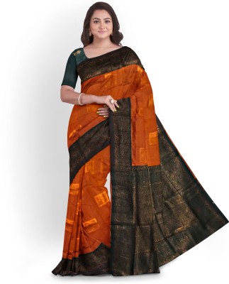 Nia Couture Printed Kanjivaram Silk Blend Saree(Brown, Green)