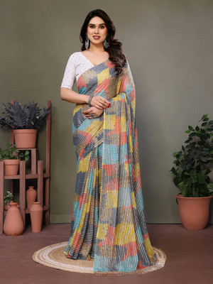 Divastri Printed Bollywood Georgette, Silk Blend Saree(Grey)