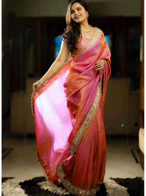 NAARI Embroidered Bollywood Net Saree(Pink)