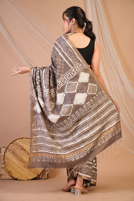 Anuttara Hand Painted Saree with Attached Blouse Cotton Silk Saree(Brown)