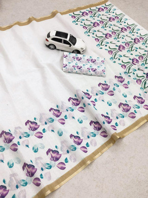 ASHTA Floral Print Bollywood Linen Saree(Multicolor)