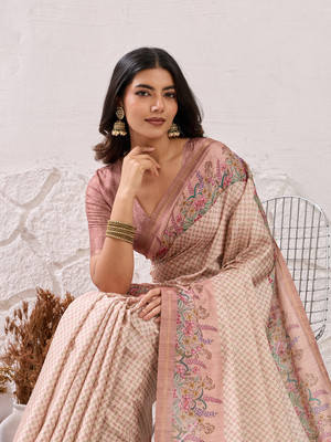 Tasrika Paisley, Woven, Printed Banarasi Tussar Silk Saree(Pink)