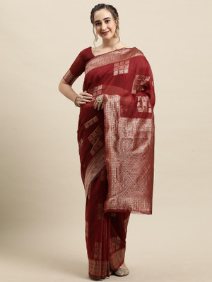 Ratnavati Printed, Woven, Floral Print Banarasi Linen Saree(Maroon)