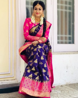 SSP TEX Woven Kanjivaram Silk Blend, Pure Silk Saree(Dark Blue, Pink)