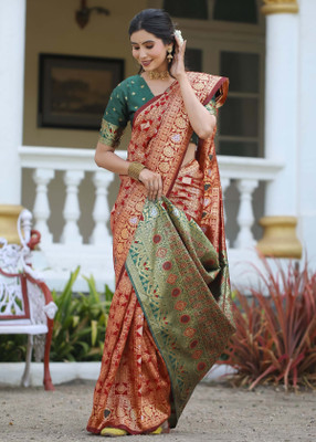 SNH EXPORT Floral Print Banarasi Silk Blend Saree(Red)