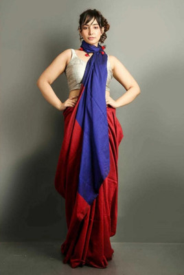 DipDiya Color Block Handloom Cotton Blend Saree(Orange, Blue)