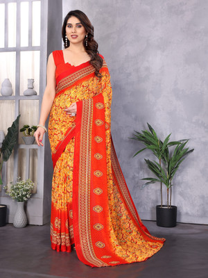 Moda Rapido Printed Bollywood Georgette Saree(Yellow, Red)