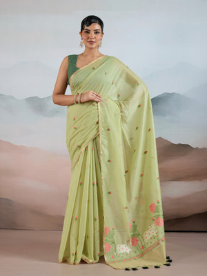 Sareemall Printed Chanderi Cotton Blend Saree(Light Green)