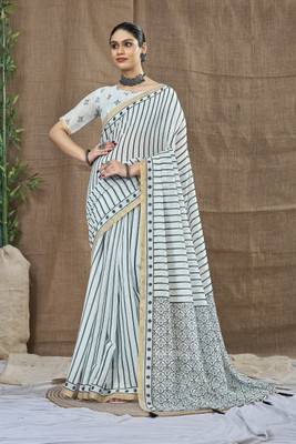 SHRIMAY Checkered Daily Wear Cotton Linen Saree(Cream)