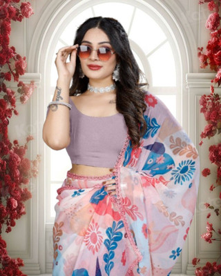 JAYAMENTERPRISE Digital Print, Floral Print, Printed Leheria Georgette Saree(Cream)