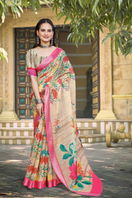 PHEASANT Digital Print Bollywood Cotton Linen Saree(Beige)