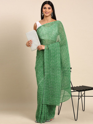 HERE&NOW Printed Bandhani Georgette Saree(Green)